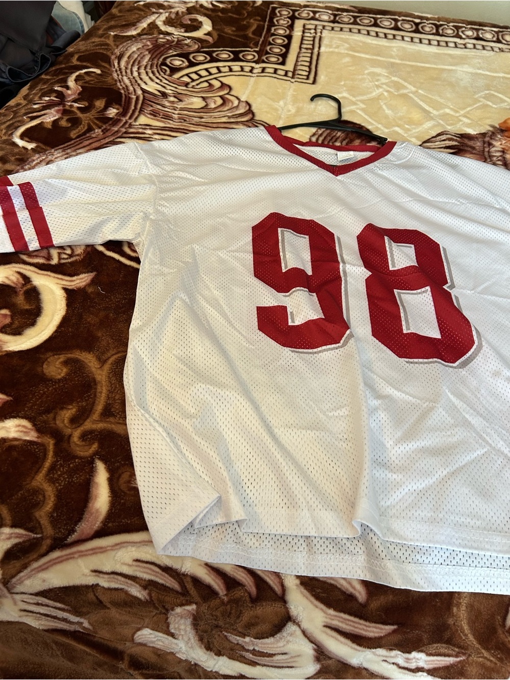 White Mesh Football Jersey with Red Number 98 for woman